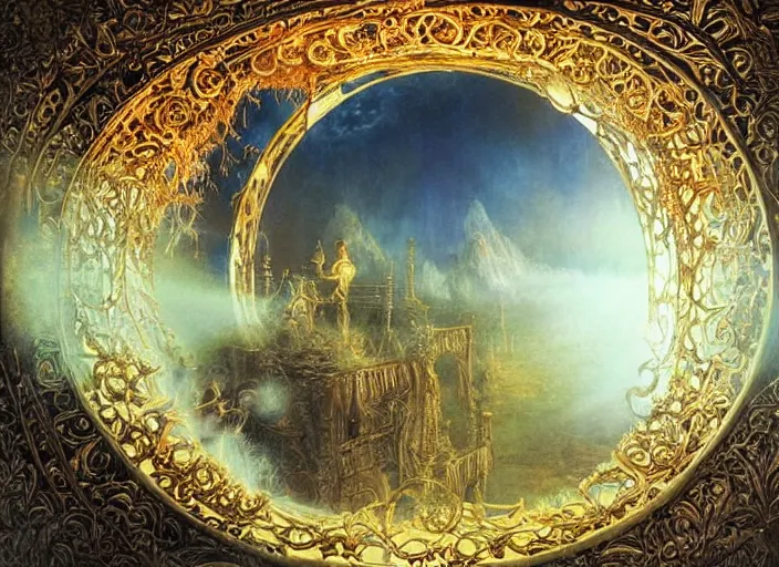 Image similar to large rustic intricately decorated cast iron gate, a view to an eerie fantasy world, golden glowing sphere, ethereal back light, mist, coherent composition, detailed fantasy painting by noriyoshi ohrai, yuumei