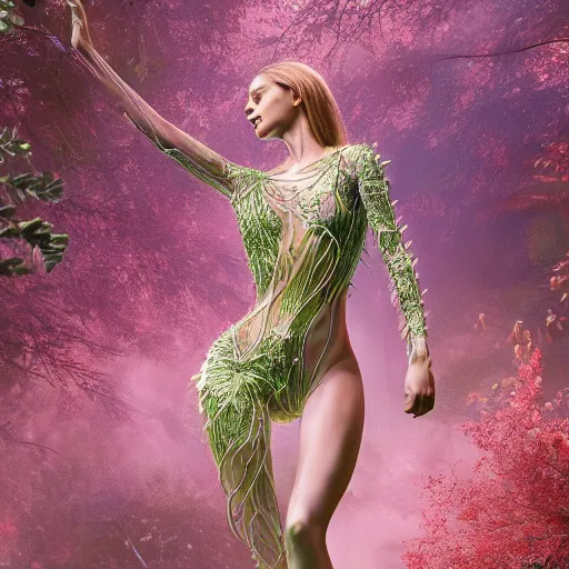 Image similar to a highly detailed ethereal full body digital image of a elegantly posed dancing futuristic woman beautifully intertwined in realistic chrome leafy foliage liquid like leaves, full body shot, by Andrew Chiampo, artstation, and Frederik Heyman, extremely detailed woman, stunning volumetric lighting, hyper realism, fantasy, intricate detail, 4k