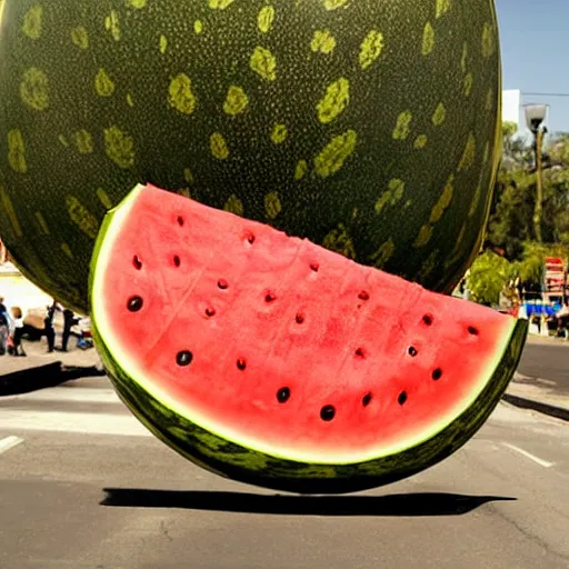 Image similar to The giant watermelon rampaged through the town, leaving a path of destruction in its wake. The townspeople were terrified. They had no idea how to stop the giant fruit. , Hollywood scene