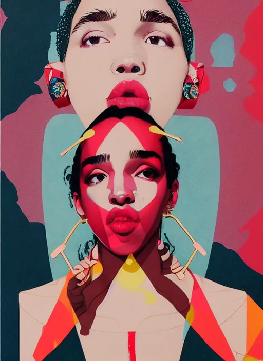 Prompt: fka twigs by sachin teng x supreme : 7 attractive, rare, dripped out, sexy lips, gold hoop earings, : 5 stylish, designer, marijuana, asymmetrical, matte painting, geometric shapes, hard edges, graffiti, street art : 4 masterpiece, impressive detail, colorful, by sachin teng : 7