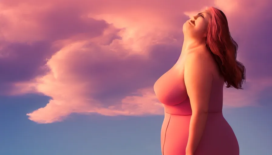 Image similar to a beautiful curvy woman who looks like a cloud, photo - realistic, detailed, orange / pink sky, dreamy, surrealistic