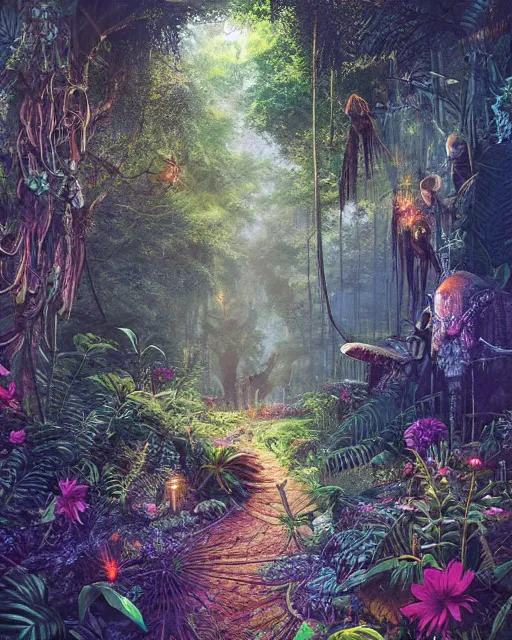 Prompt: a beautifully rendered ancient magical jungle path with tall ferns and carniverous flowers and fireflies by android jones, detailed matte painting