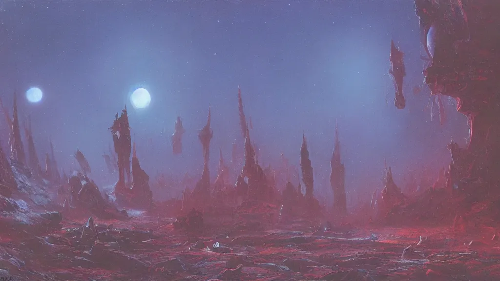 Image similar to eerie atmospheric alien planet by paul lehr and jack gaughan and john schoenherr, epic cinematic matte painting