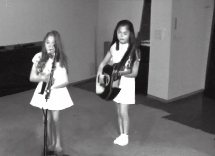 Image similar to A 10-years-old girl singing on the small stage in her room. Home video footage, Color VHS picture quality with mixed noise, Filmed by dad.