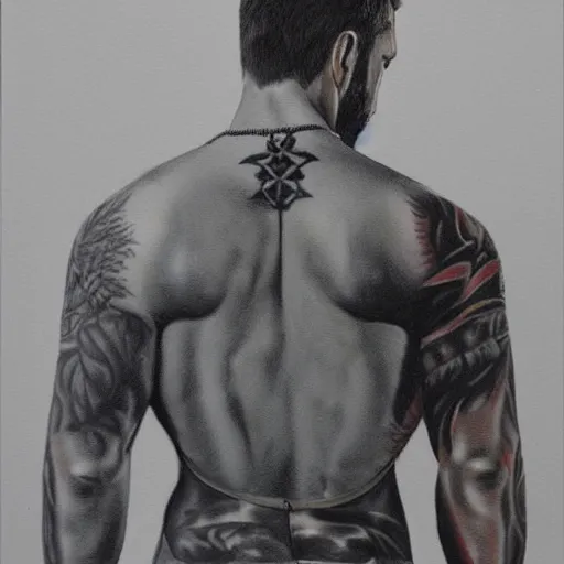 Prompt: photorealistic painting of a picture of my new back tattoo of chris redfield by tom of finland