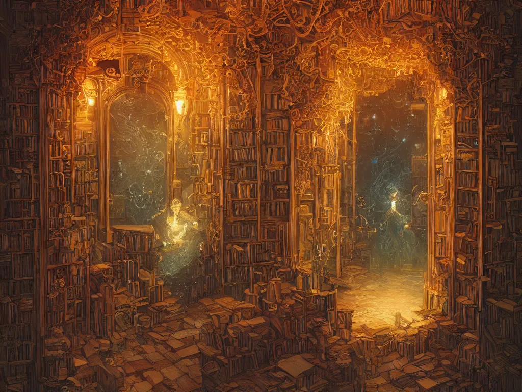 Prompt: a detailed portrait of an enchanted door inside an ancient library full of old tomes, by victo ngai and justin gerard, digital art, realistic painting, very detailed, fantasy, high definition, cinematic light, dnd, trending on artstation