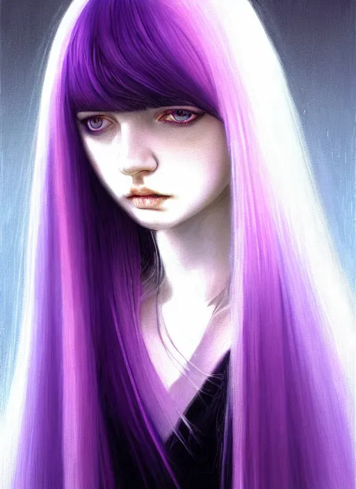 Image similar to hair whitebangs hair, black hair, whitebangs, portrait of teenage girl with white bangs, red irises, purple clothes, white bangs, bangs are different color from hair, intricate, elegant, glowing lights, highly detailed, digital painting, artstation, concept art, smooth, sharp focus, illustration, art by wlop, mars ravelo and greg rutkowski