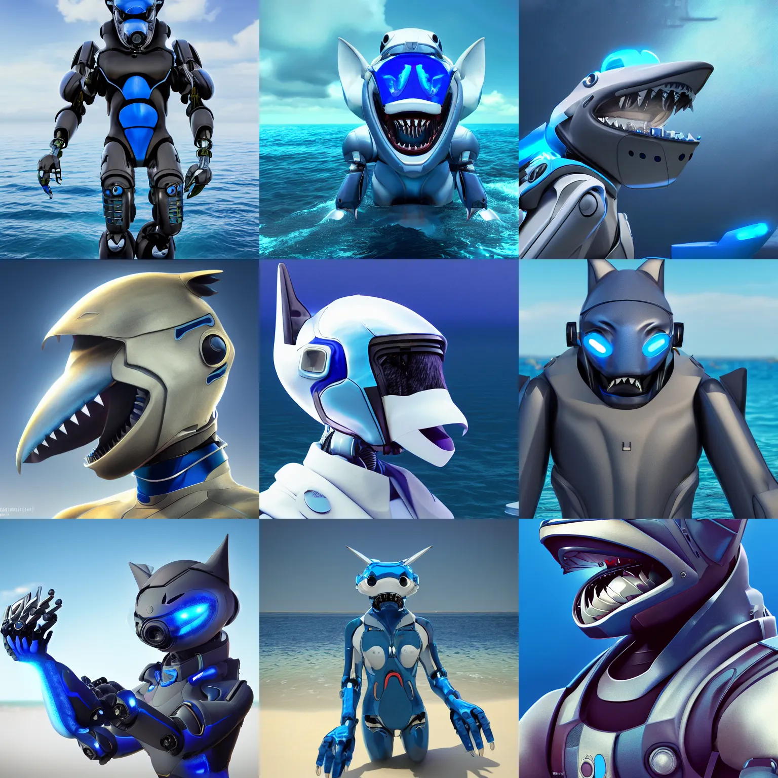 Prompt: furry art, male anthro shark hybrid robot, integrated synthetic android, face covered by visor, wide snout protruding from under visor, ultramarine metal, sea in background, fursona commission on furaffinity, 3 d, cgsociety, octane render