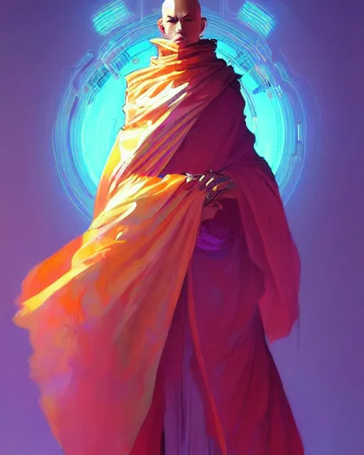 Image similar to a robot monk wearing a flowing cloak, vaporwave aesthetic, colorful, psychedelic, digital painting, artstation, concept art, smooth, sharp focus, illustration, art by artgerm and greg rutkowski and alphonse mucha