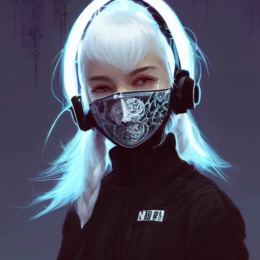 Image similar to ! dream very cool girl white hair girl with mask, streetwear, techwear, cyberpunk style outfit, full body, nose piercing, detailed portrait, intricate complexity, by greg rutkowski, cory loftis, artgerm, ross tran, conrad roset, takato yomamoto, ilya kuvshinov. 4 k, beautiful, cinematic dramatic atmosphere