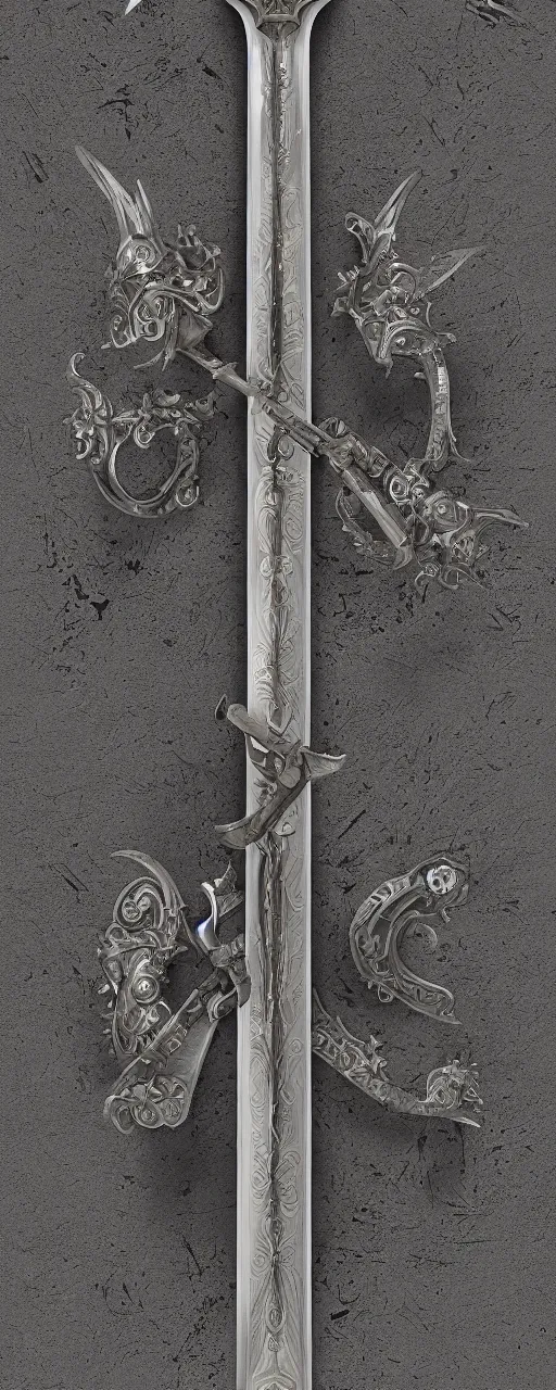 Image similar to sword of justice hanging on a wall, ornate gem in pommel, engraved blade, serrated point, herringbone floor, low angle, museum display, greg rutkowski