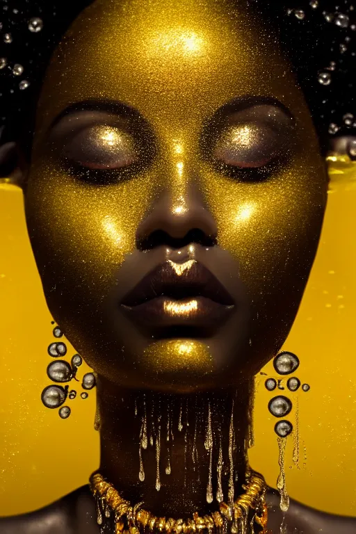 Image similar to hyperrealistic post rococo cinematic very expressive! black oshun goddess, open eyes, in water up to her shoulders, mirror dripping droplet!, gold flowers, highly detailed face, digital art masterpiece, smooth eric zener cam de leon dramatic pearlescent teal light, ground angle uhd 8 k, sharp focus