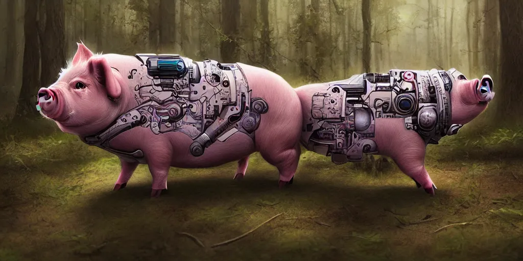 Image similar to portrait of a cyborg pig running in forest, cyberpunk, biomechanical, hyper detailed, trending on artstation