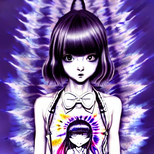 Image similar to amazingly detailed art illustration of a beautiful young woman, with morbid thoughts, wearing a tie-dye shirt, short shorts, with short hair with bangs, she is the queen of sharp needles, under the effect of psychosis and euphoria, by Range Murata, Katsuhiro Otomo, Yoshitaka Amano, and Artgerm. 3D shadowing effect, 8K resolution.