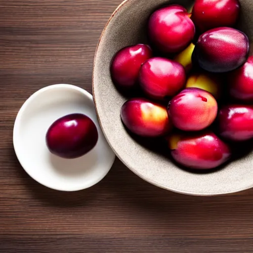 Image similar to photo of a thick porcelain bowl filled with a few moist freshly picked plums on a wooden table. volumetric lighting. 4 k. small scale. realistic. top down.