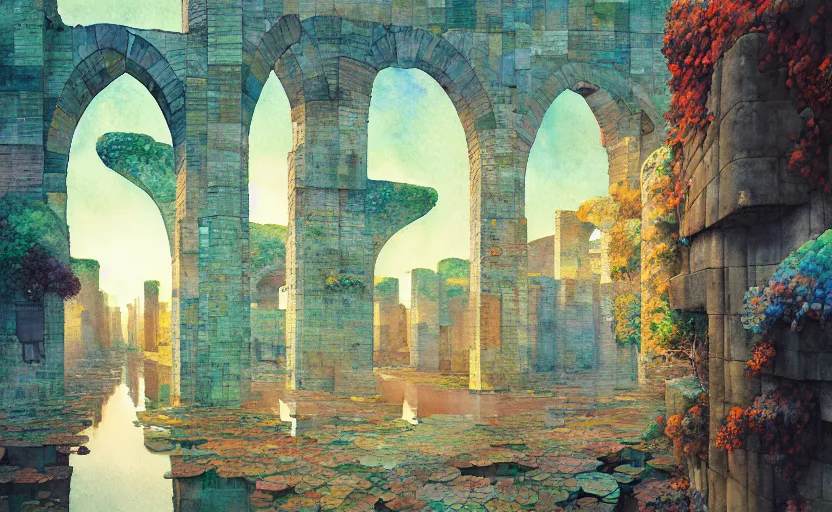 Image similar to tiled room squared waterway, aqueducts, fantasy. intricate, amazing composition, colorful watercolor, by ruan jia, by maxfield parrish, by marc simonetti, by hikari shimoda, by robert hubert, by zhang kechun, illustration, gloomy