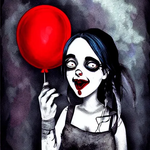 Image similar to grunge painting of a billie eilish with a wide smile and a red balloon by tim burton, loony toons style, pennywise style, corpse bride style, rick and morty style, creepy lighting, horror theme, detailed, elegant, intricate, conceptual