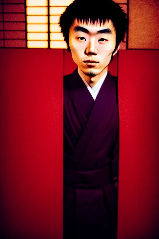 Image similar to photography masterpiece by haruto hoshi, flash photography portrait of young japanese man in kabuki cho, shot on a canon full frame camera with a 3 5 mm lens aperture f / 5. 6, kodak ultramax iso 4 0 0, dynamic composition, hyper realistic
