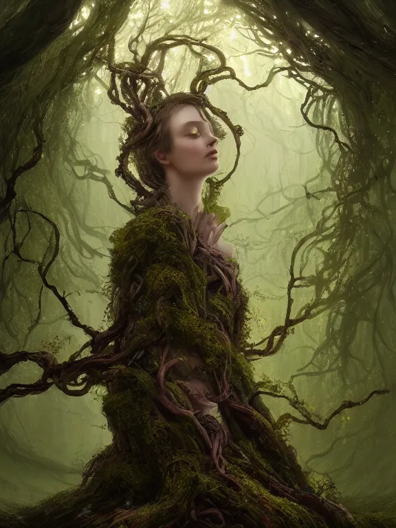 Image similar to Full View Portrait Mystical ethereal deity of oak trees wearing beautiful dress in a magic forest, Oak Dryad made of vines tree bark moss beautiful dress, 4k digital masterpiece by Greg Rutkowski and Ruan Jia and Tom bagshaw, Alberto Seveso, fantasycore, Hyperdetailed, realistic oil on linen, soft lighting, featured on Artstation, textured, stylized, intricate details