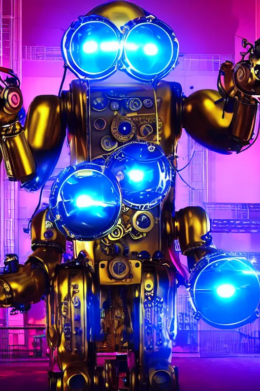 Prompt: portrait photo of a giant huge golden and blue metal humanoid steampunk robot singer with headphones and big gears and tubes, robot is falling apart, eyes are glowing red lightbulbs, shiny crisp finish, 3 d render, 8 k, insaneley detailed, fluorescent colors, background is multicolored lasershow