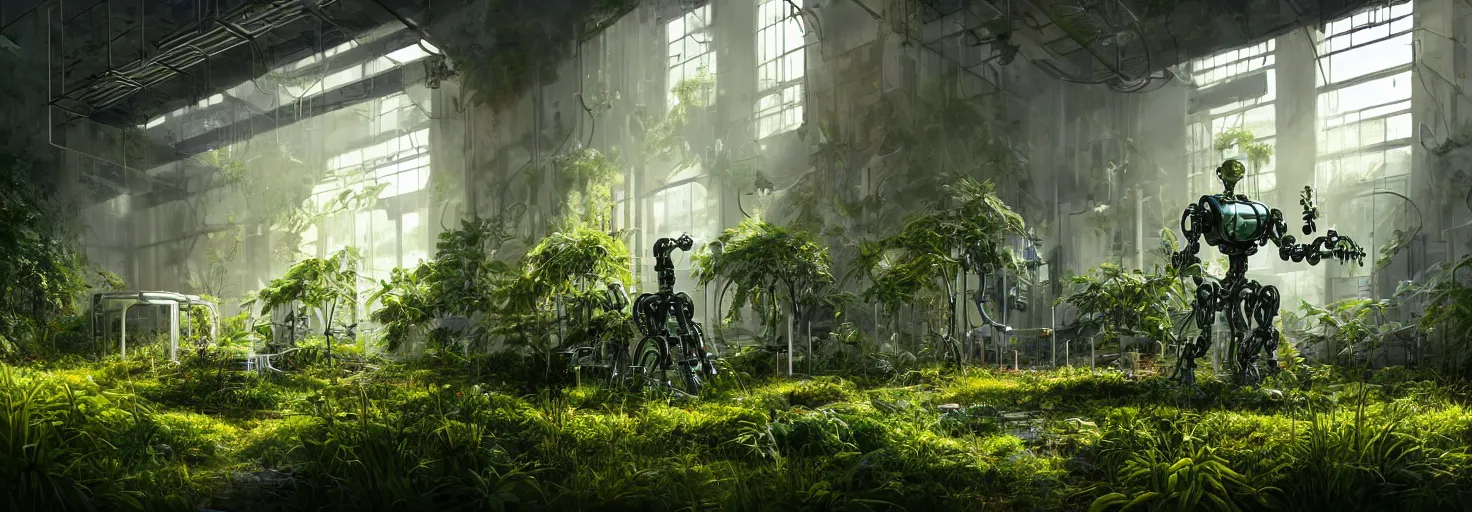 Prompt: brightly sunlit overgrown with plants and abandoned chemistry scientific laboratory from the distant future staffed by one dysfunctional dilapidated multiarmed bipedal robot, science fiction industrial hard science concept art, 8K render octane high definition cgsociety