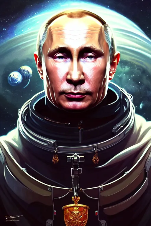 Image similar to Portrait of Putin in space, D&D, face, dark fantasy, intricate, elegant, highly detailed, digital painting, artstation, concept art, smooth, sharp focus, illustration, art by artgerm and greg rutkowski and alphonse mucha