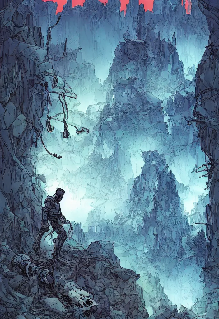 Prompt: A comic book cover of an android soldier with back to the camera, in a forest made of crystal and gemstone, looking across a vast chasm and old rope bridge. On the mountain facing him is a temple made of shards of crystal with a tower glowing in the fog