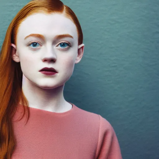 Image similar to sadie sink, portrait with buzzcut hair and city background, smokewave aesthetic