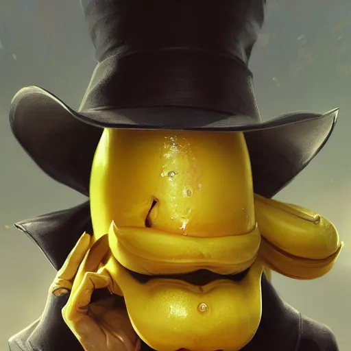 Prompt: an anthropomorphised banana in a business suit, artists portrait, fantasy, highly detailed, digital painting, concept art, sharp focus, depth of field blur, illustration, art by artgerm and greg rutkowski and alphonse mucha