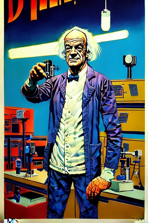Prompt: doc emmet brown in his lab, high details, intricately detailed, by vincent di fate, inking, 3 color screen print, masterpiece, trending on artstation,, sharp, details, hyper - detailed, hd, 4 k, 8 k