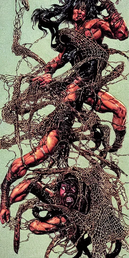 Image similar to “ conan the barbarian leaping to attack a giant black spider, red eyes ” “ a beautiful woman is tied up in spider webs ” val semeiks, barry windsor smith, john buscema, ernie chan, earl norem.