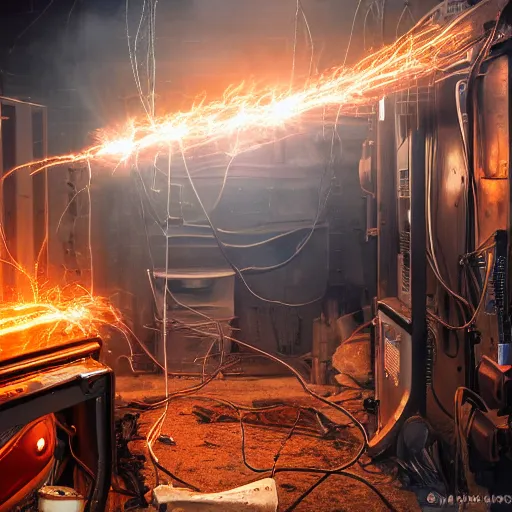 Image similar to overcharging toaster oven, tangles of metallic cables, dark messy smoke - filled cluttered workshop, dark, dramatic lighting, orange tint, sparks, plasma charges, cinematic, highly detailed, sci - fi, futuristic, movie still