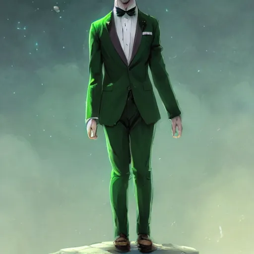 Image similar to a half human half owl creature wearing a green tuxedo suitCharacter design by charlie bowater, ross tran, artgerm, and makoto shinkai, detailed, inked, western comic book art, 2021 award winning painting,digital art,ultra realistic,ultra detailed,art by greg rutkowski,hyperdetailed,photorealistic