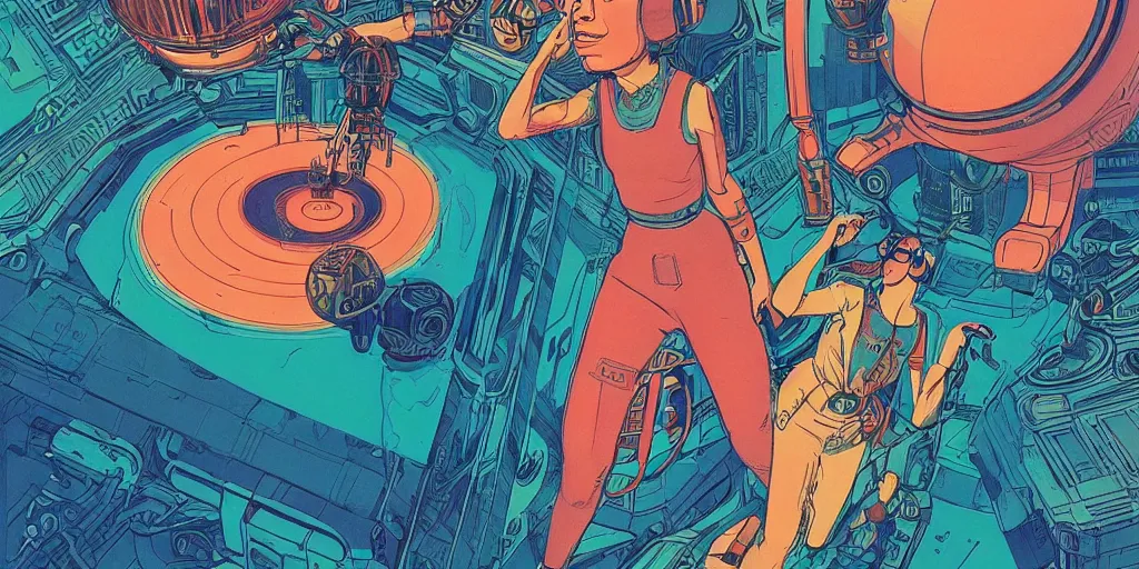 Image similar to a risograph of a futuristic vintage sci - fi, 2 d matte gouache illustration, gigantic woman playing with mechanical floating head shooting lasers from it's eyes, ornate, detailed, dramatic, ominous, drawing by moebius and satoshi kon, saturated colors, grainy, 8 k