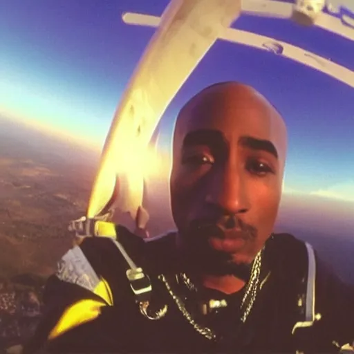 Prompt: photo of tupac shakur skydiving gopro camera