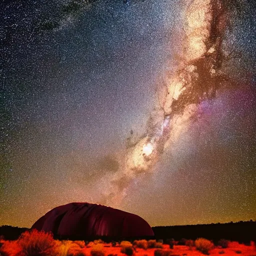 Prompt: Uluru at night, Milky Way Galaxy, photography