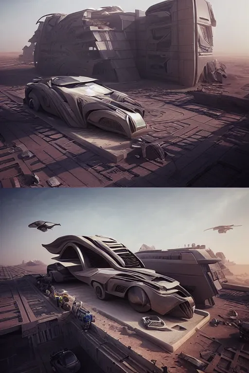 Image similar to zaha haddi buildings in the middle of a mad max desert scene with futuristic car, trending on artstation, featured on behance