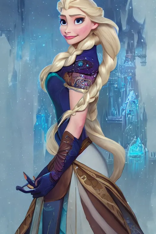 Prompt: elsa from frozen as steampunk cyborg princess, blonde hair, high fantasy, dnd, smooth, sharp focus, illustration, highly detailed, digital painting, artstation, concept art, by disney animation, rossdraws, alphonse mucha, frank fanzzeta, collectible card art