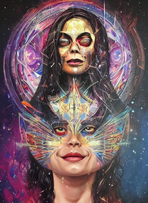 Image similar to gorgeous magic cult psychic woman smiling, third eye, energetic consciousness psychedelic, epic surrealism expressionism symbolism, story telling, iconic, dark robed, oil painting, symmetrical face, dark myth mythos, by Sandra Chevrier, Noriyoshi Ohrai masterpiece