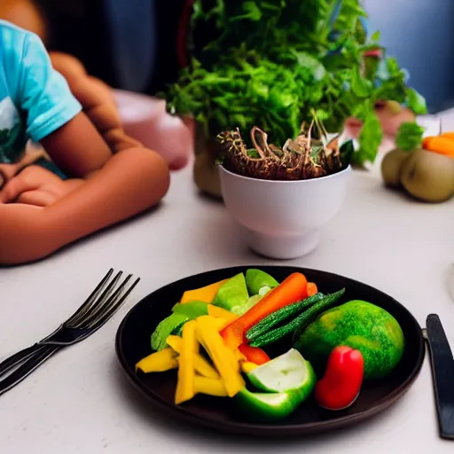 Prompt: a child made of vegetables sits on a plate which is placed on a table inside a restaurant, photo realistic, professional photography