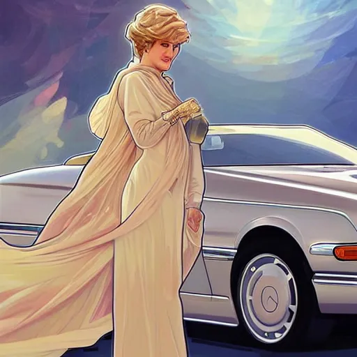 Image similar to Princess Diana standing next to a Mercedes-Benz W140, highly detailed, digital painting, artstation, concept art, smooth, sharp focus, illustration, art by artgerm and alphonse mucha, high definition digital art, in the style of Ross tran and ilya kuvshinov