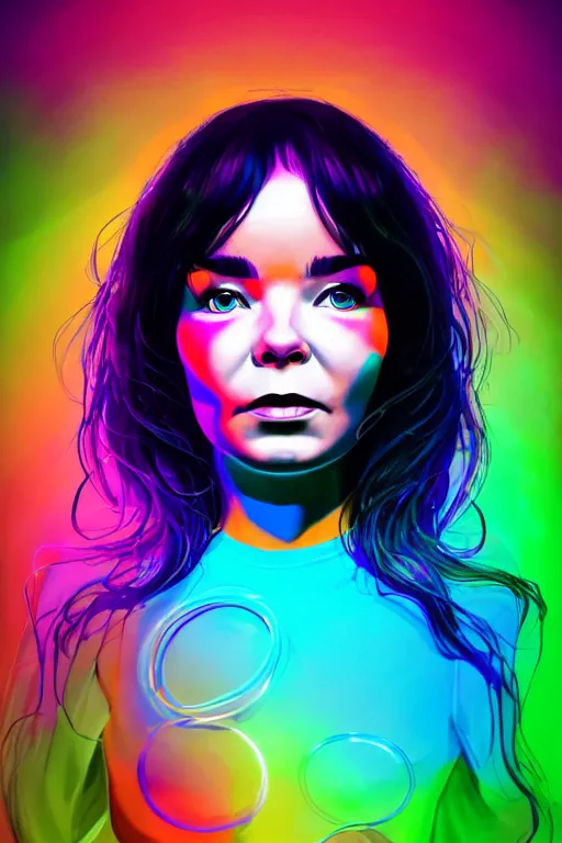 Prompt: a award winning portrait of the musician bjork, beautiful woman with stunning eyes in a one off shoulder croptop and cargo pants with rainbow colored hair, outlined by whirling illuminated neon lines and fine lines swirling in circles by ilya kuvshinov, digital art, trending on artstation