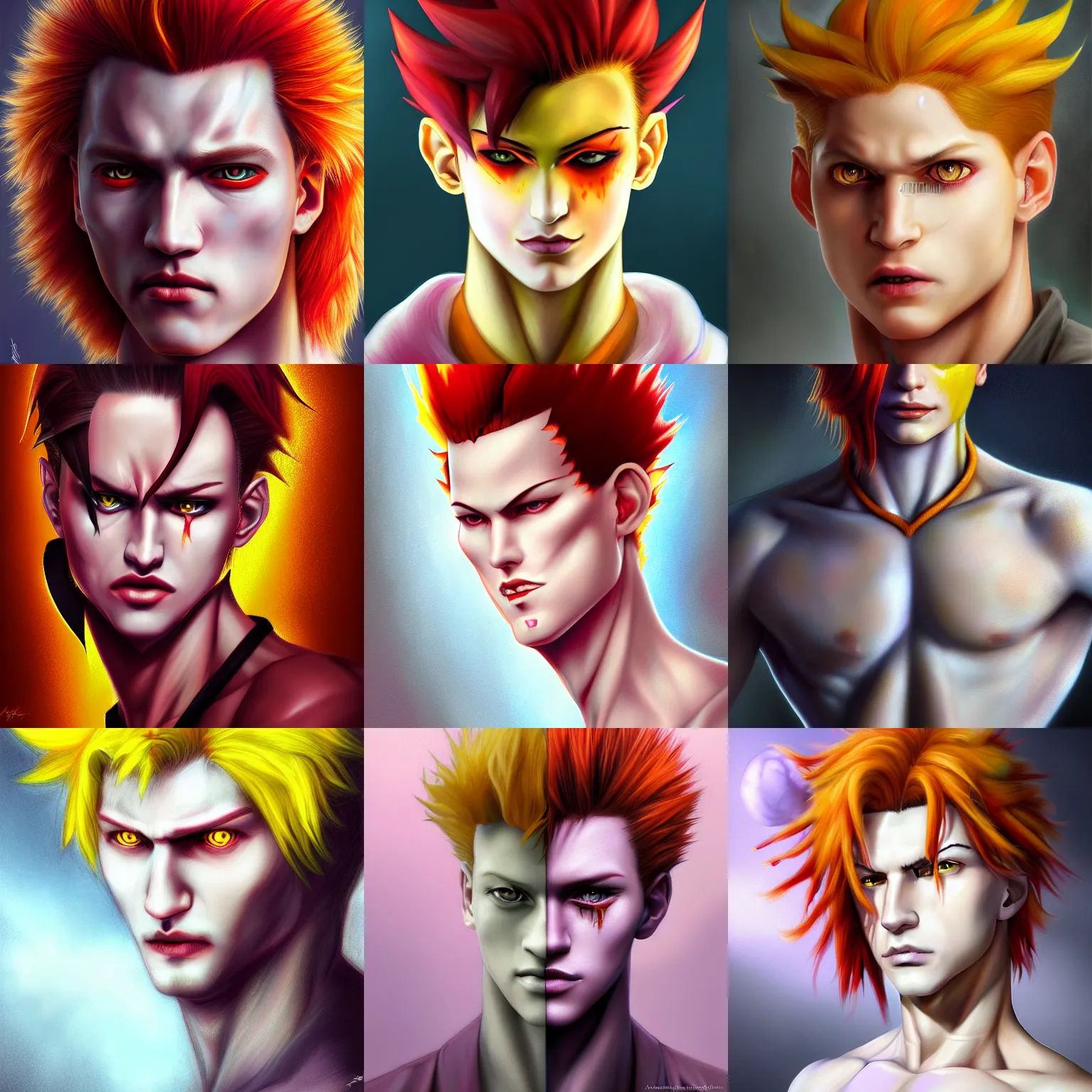 Prompt: portrait of hisoka morow hunter hunter madonna inspired, extreme melon face 2 0 years old, male, yellow eyes very very narrow yellow iris red red red hair soft hair slicked back crimson medium length hair, anime highly detailed, digital painting, artstation sharp focus, illustration, art by artgerm and greg rutkowski