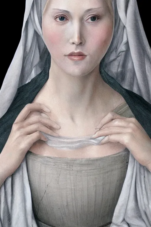 Image similar to hyper - realistic close - up portrait of a medieval woman, pale skin, in a black silk robe, in the сaravaggio style