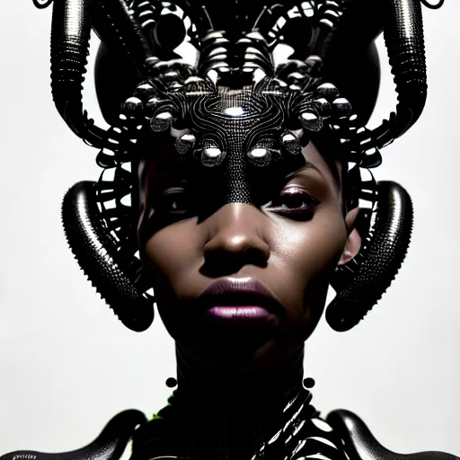 Image similar to portrait of an absurdly beautiful, graceful, sophisticated, fashionable black cyberpunk mechanoid gravure idol, hyperdetailed illustration by irakli nadar, maria borges, matt wisniewski style, intricate linework, dark black skin, neon jellyfish headdress, ivory carved ruff, unreal engine 5 highly rendered, global illumination, radiant light, detailed and intricate environment