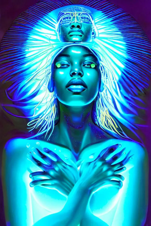 Prompt: hyperrealistic cybernetic cinematic bioluminescent very expressive! oshun goddess underwater, whole body, highly detailed face, digital art masterpiece, smooth eric zener cam de leon, dramatic pearlescent turquoise light on one side, low angle uhd 8 k, shallow depth of field