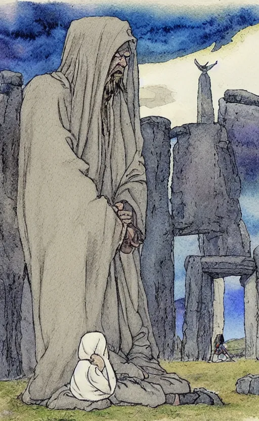 Image similar to a realistic and atmospheric watercolor fantasy concept art of giant monk with an elongated head in grey robes sitting in stonehenge. in the foreground a tiny medieval monk in grey robes is praying. in the background a ufo is in the sky. by rebecca guay, michael kaluta, charles vess