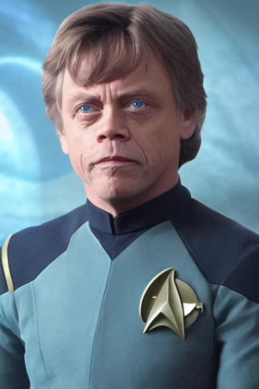 Prompt: photorealistic!! mark hamill as a star trek captain, red starfleet uniform, film quality