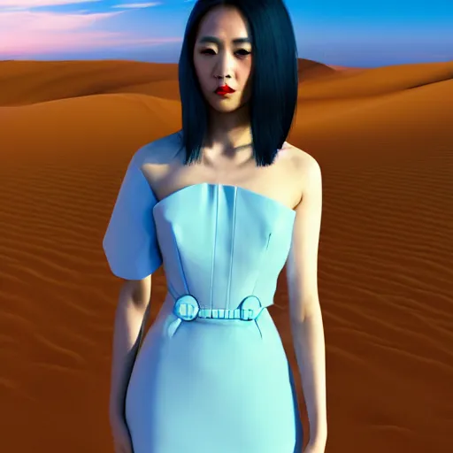 Prompt: innovative avant-garde art, deco fashion, asian women, wearing sky blue dress, highly detailed, photorealistic portrait, serene desert setting, golden hour, crisp quality and light reflections, unreal engine 5 quality render, 4k, by Rei Kawakubo