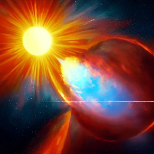 Prompt: a beautiful painting of a red giant sun going supernova, volumetric lighting by jean kalin popov and greg rutkowski